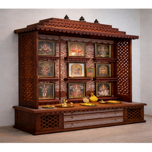 Traditional Hand-Carved Wooden Pooja <b>Mandir</b> for Home Ethnic Temple Style Dark Walnut Finish Jali Work Pooja Cabinet with Dome UK - Product Image 1
