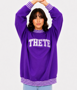THETE Custom Women’s Heavyweight Oversized Mock neck Sweatshirt Plaid Gingham <b>Patchwork</b> Casual Varsity Streetwear <b>Top</b> - Product Image 4