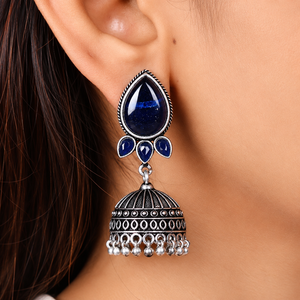 Bohemian Turquoise Blue Stone Jhumka <b>Earrings</b> Antique <b>Silver</b> Tone Tribal Dome <b>Dangle</b> <b>Earrings</b> Indian Fashion Jewelry Wholesale - Product Image 3