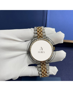 Reloj de Lujo Bicolor Amarillo con Esfera Árabe VVS y Moissanita para Hombre, Totalmente Cubierto de Diamantes, Acero Inoxidable, Cristal de Zafiro, Estilo Hip Hop - Product Image 1