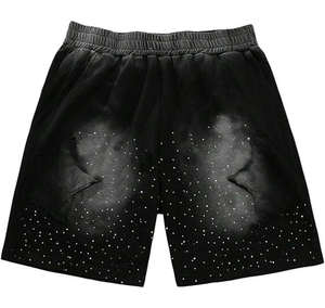 Pantalones cortos de felpa estilo streetwear, lisos, con pedrería, negros, con lavado ácido, vintage, transpirables, para venta al por mayor, para exteriores, para natación, con efecto lavado - Product Image 1
