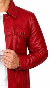 Unisex <b>Red</b> Genuine <b>Leather</b> <b>Jacket</b> Stand Collar Single Breasted Casual Slim Fit Winter Regular Sleeve Solid Color Front Windproof - Product Image 5