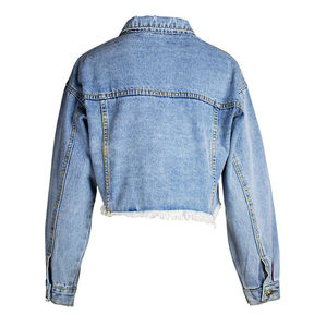 Veste en jean courte pour femme avec ourlet effiloché, manches longues, col rabattu, en coton délavé, style printemps - Product Image 2