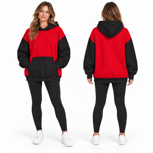 Women's Oversized Hooded Sweatshirt Color Blocked Red <b>Black</b> <b>Fleece</b> Pocket Design Winter Casual Streetwear 100% Cotton Breathable - Product Image 1