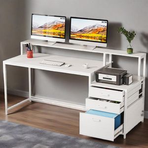 Bureau informatique ergonomique de 63 pouces avec tiroir de rangement, support d'écran et espace pour imprimante, finition bois élégante - Product Image 1