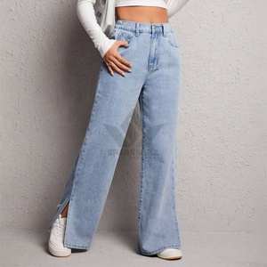 Jeans de mezclilla de mujer azul claro de pierna ancha, cintura alta, con abertura lateral, ajuste holgado, largo completo, pantalones casuales de pierna recta a la moda - Product Image 1