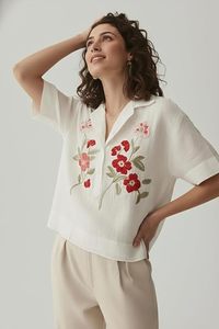 Women Cream Cotton Embroidered <b>Tops</b> | Floral Thread Work Short Sleeve Shirt Casual Summer Wear for Office & Daily Use - Product Image 3