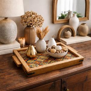 Plateau de table en bois imprimé, centre de table, plateau en bois imprimé pour bougies et fleurs, plateau de service en gros - Product Image 2