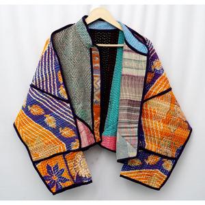 <b>ART</b>&<b>ART</b> Indian Handmade Vintage Kantha Jacket-Designer Boho Hippie Mandarin Collar Hand Quilted Patchwork 100% Cotton - Product Image 1