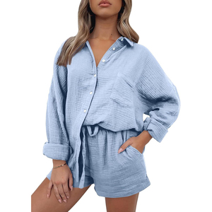 Women <b>Linen</b> Cotton Button Down Shirt <b>Set</b> Solid Color Casual Turn Down Collar Breathable Woven Short Sleeve Top With Shorts - Product Image 4