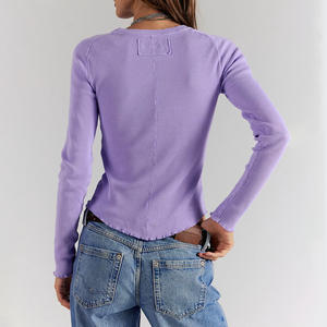 New Style Women's Purple Long Sleeve Crew Neck Knitted T-Shirt Slim Fit Casual Solid Color Full Sleeve <b>Waffle</b> Breathable T-Shirt - Product Image 2