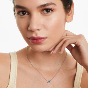 East-West Blue Sapphire Halo <b>Necklace</b> in White Gold Horizontal Oval Sapphire Pendant with Diamond Halo September <b>Birthstone</b> - Product Image 3