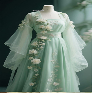 เดรสทรงเอไลน์แขนยาวลายดอกไม้สีเขียวมิ้นท์ ดีไซน์คลาสสิก จำหน่ายในราคาขายส่ง - Product Image 1