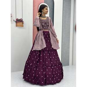 NUEVO LEHENGA CHOLI CON BORDADO CHINON Y LENTEJUELAS HECHO A MANO CON DUPATTA Y CINTURÓN COLOR VINO - Product Image 1