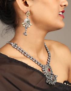 Antique Two Tone Gold Silver Plated Statement Necklace with Dangle Earrings <b>Indian</b> Wedding <b>Jewelry</b> <b>Set</b> - Product Image 4