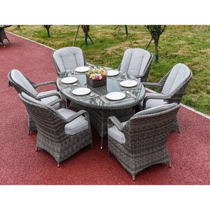 Set da Pranzo Ovale in Vimini Grigio a 7 Pezzi, Elegante Collezione di Mobili da Giardino - Product Image 4
