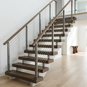 Rampe d'escalier intérieure moderne avec poteaux en métal noir, câbles horizontaux en acier et mains courantes en bois pour la sécurité domestique - Product Image 6
