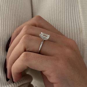 3 Carat <b>Emerald</b> Cut Lab Grown Diamond Hidden Halo <b>Ring</b> , Thin 1.5MM <b>Band</b> 3ct Diamond Proposal <b>Ring</b> , IGI Certified - Product Image 4