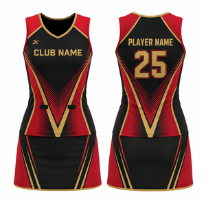 Uniforme de netball sans manches personnalisé pour femmes, rouge, noir, or, impression par sublimation, polyester respirant, taille adulte XS - Product Image 1