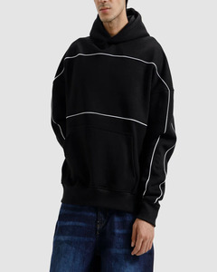 Sweat-shirt à capuche noir surdimensionné pour homme, détails rayés blancs, coton French Terry, style décontracté, streetwear d'automne - Product Image 3