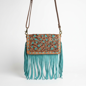 Bolso Bandolera Estilo Vaquero Occidental con Flecos, Solapa de Cuero Repujado con Diseño Floral Turquesa, Bolso Cruzado Bohemio y Detalles de Borlas Largas - Product Image 1