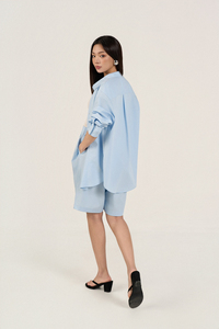 Conjunto de 2 Piezas para Mujer, Estilo Casual, con Botones, de Popelina de Verano en Tonos Pastel, 100% Algodón, Transpirable, con Pantalones Cortos Bermuda por Encima de la Rodilla y Camisa de Manga Larga - Product Image 4