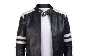 <b>Men's</b> Black PU Leather Moto <b>Jacket</b> With White Stripes Stand Collar Zipper Closure Slim Fit Autumn Style - Product Image 3