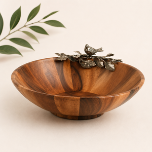 Bol à salade en bois d'acacia artisanal de qualité supérieure avec élégants accents d'oiseaux en étain, bol décoratif écologique pour fruits - Product Image 5