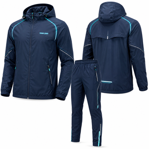 Unisex Solid Navy Blue Hooded <b>Polyester</b> <b>Tracksuit</b> Set Waterproof Sporty Full Sleeve Lightweight Summer Wear - Product Image 1