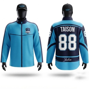 Unisex Ice Hockey Training <b>Jacket</b> 330 GSM <b>Fleece</b> Knit Hooded <b>Blue</b> <b>Navy</b> Full Zip Teamwear Custom Embroidered Logo Name Autumn - Product Image 1
