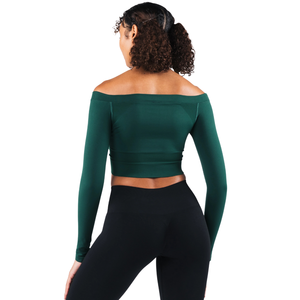Top Corto Deportivo Elástico Verde sin Costuras para Mujer, con Hombros Descubiertos y Manga Larga, para Gimnasio, Yoga, Entrenamiento, Ejercicio, Ropa Deportiva - Product Image 2