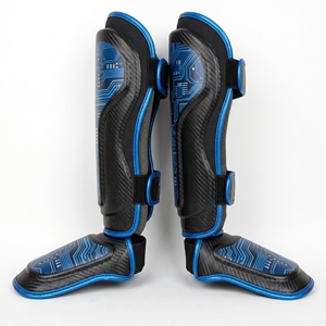 Protège-tibias professionnels en néoprène bleu et blanc, élastiques, ajustables avec fermeture auto-agrippante pour la boxe, équipement de protection pour adultes - Product Image 4