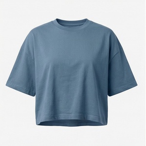 T-shirt décontracté pour femme en 100 % coton, à manches courtes et col rond, coupe ample, imprimé, style crop top, avec patchs unis - Product Image 1