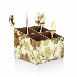 Handmade Floral Print Wooden Cutlery Holder Four Section Utensil Caddy <b>Tabletop</b> Flatware Storage Kitchen Dining Counter Box - Product Image 1