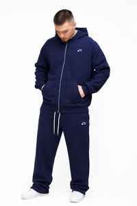 Survêtement Classique Homme Bleu Marine Zippé Intégral Deux Pièces avec Capuche Coupe Droite Décontractée Mélange Coton Logo Frontal Personnalisable - Product Image 4