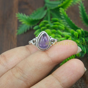 Anillo de Amatista Púrpura Natural, Plata de Ley 925, Forma de Pera, Cabujón, Hecho a Mano, Anillo de Diseño Vintage, Joyería para Mujer - Product Image 6
