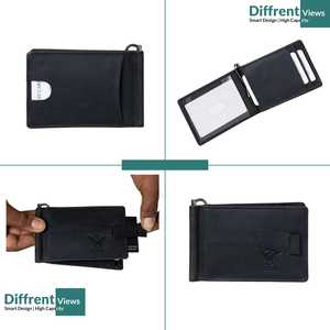 Porte-cartes intelligent RFID en métal fin, style professionnel, en cuir véritable, imprimé sérigraphié – Portefeuille court avec fermeture éclair/pince/bouton - Product Image 2