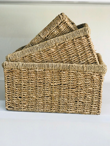 The Set of 3 Seagrass Rectangle <b>Basket</b> with Wooden Handle Multifunction Organizer <b>Basket</b> Handmade - Product Image 6