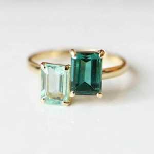 Emerald And Aquamarine Engagement Ring Two Stone Antique Engagement Ring 925 Silver 14k <b>Gold</b> Plated Gift - Product Image 4