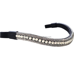 Correa de cuero negro para cejas de caballo, banda de 5 filas con cristales transparentes y perlas de Centro de Diseño de equino personalizado, hecho a mano - Product Image 1