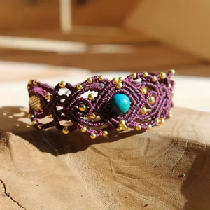 Handmade Macrame Turquoise <b>Bracelet</b> Natural Blue Stone Purple Cord Gold Beads <b>Adjustable</b> Boho Jewelry for Women - Product Image 1