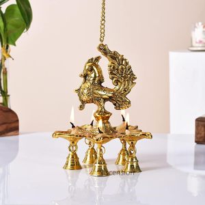 Ensemble de lampes suspendues en laiton Diya motif paon avec décor en pierre, pack de lampes à huile en laiton Diya motif paon, article cadeau Deepak - Product Image 4