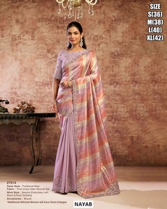 Sari en satin de soie rose NAYAB avec broderie de sequins, tenue traditionnelle, longueur au sol, sari pour femme, coupe classique, Inde, Pakistan, mariage - Product Image 1