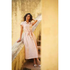 Vestido Maxi Boho de Algodón y Lino para Mujer, Vestido Midi Suave Color Durazno con Botones, Media Manga, Cintura Ajustable, Vestido de Verano - Product Image 3