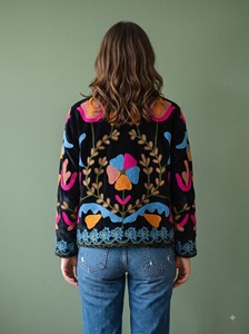 Blazer matelassé en velours tricoté brodé floral pour femme, manches longues, devant ouvert, style printemps-été-hiver, longueur standard, col montant - Product Image 6