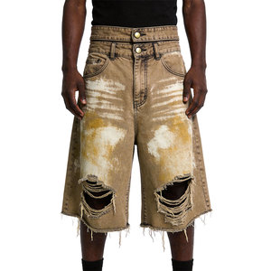 Shorts en jean taille haute pour homme, respirants, séchage rapide, délavage léger, ourlet brut, style streetwear vintage, 100% coton - Product Image 1