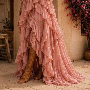 Vestido Maxi Bohemio de Mujer con Hombros Descubiertos, Capas, Estampado Floral/Liso, 100% Poliéster Tejido, Transpirable y Antipilling - Product Image 4