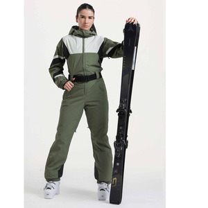 Custom <b>Women</b> <b>One</b> <b>Piece</b> <b>Ski</b> <b>Suit</b> Waterproof Windproof Olive Green Color Block Snowboard Jumpsuit with Hood and Belt - Product Image 1