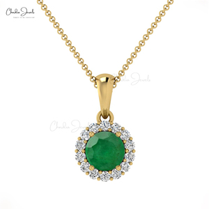 Natural 4mm Round Brilliant Cut Zambian Emerald & Diamond Halo <b>Pendant</b> with 14k <b>Solid</b> <b>Gold</b> Dangle <b>Pendant</b> Wholesale Supplier - Product Image 1