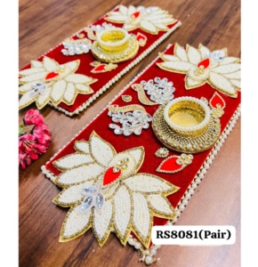 Traditional Red Fabric Diwali Home Decor <b>Table</b> <b>Runner</b> with Floral White Lotus Embroidery and Gold Tea Light Holder Pair - Product Image 2
